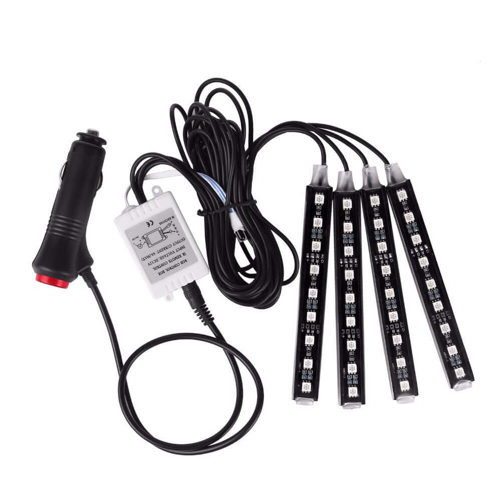 Kit iluminare ambientala auto banda LED RGB, interior masina, 4 benzi, 72 leduri, senzor muzica, multicolor, 12V, cu telecomanda