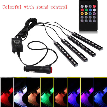 Kit iluminare ambientala auto banda LED RGB, interior masina, 4 benzi, 36 leduri, senzor muzica, multicolor, 12V, cu telecomanda