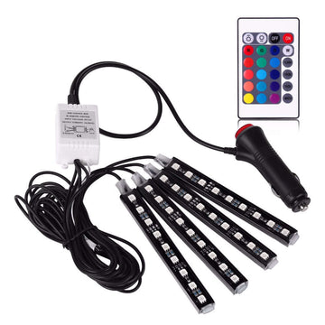 Kit iluminare ambientala auto banda LED RGB, interior masina, 4 benzi, 36 leduri, senzor muzica, multicolor, 12V, cu telecomanda