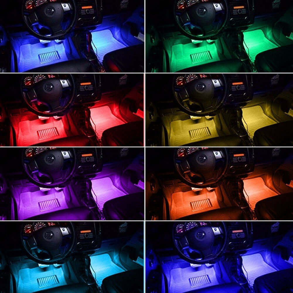 Kit iluminare ambientala auto banda LED RGB, interior masina, 4 benzi, 72 leduri, senzor muzica, multicolor, 12V, cu telecomanda