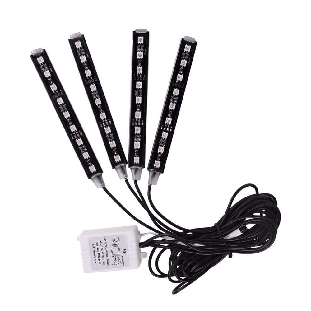 Kit iluminare ambientala auto banda LED RGB, interior masina, 4 benzi, 72 leduri, senzor muzica, multicolor, 12V, cu telecomanda