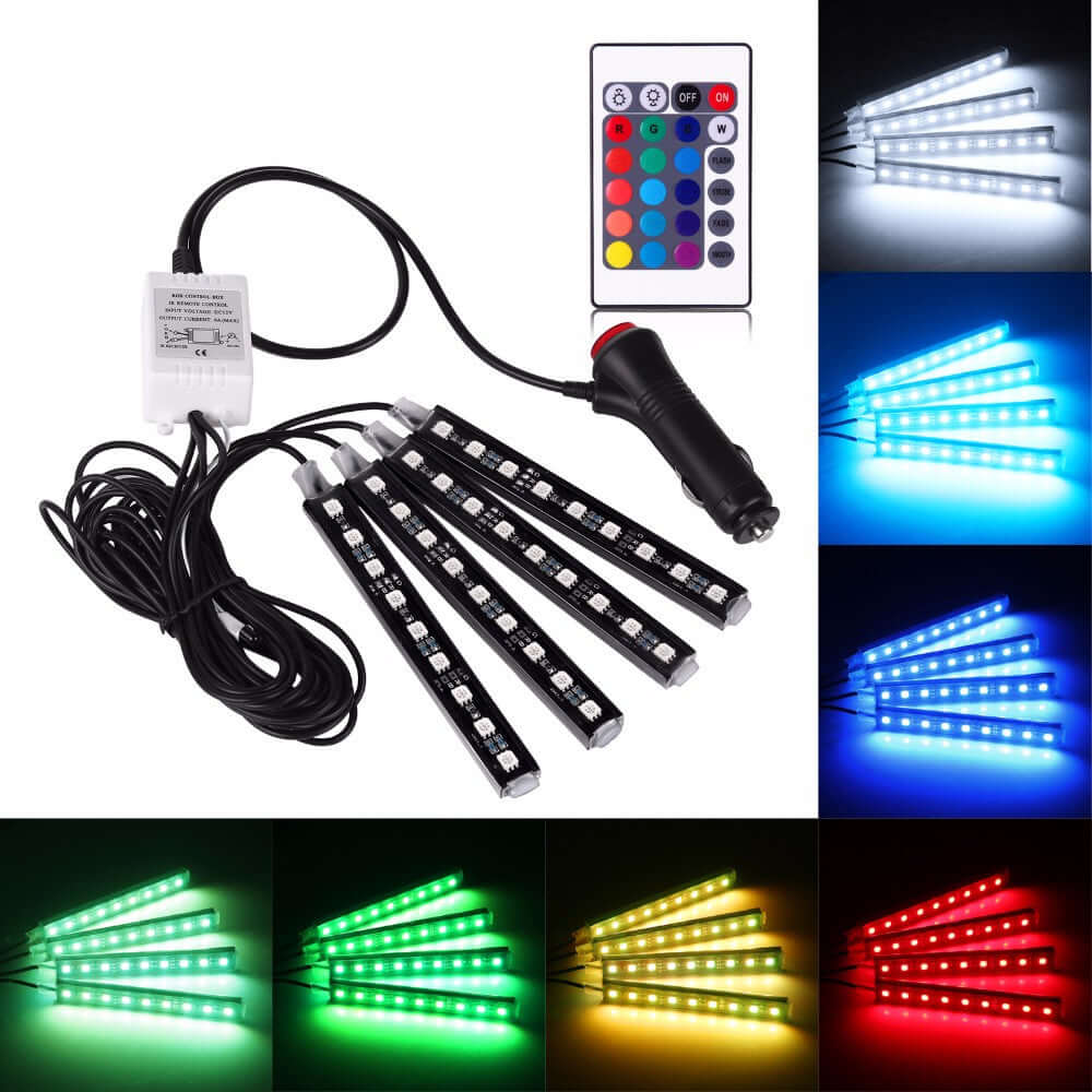 Kit iluminare ambientala auto banda LED RGB, interior masina, 4 benzi, 72 leduri, senzor muzica, multicolor, 12V, cu telecomanda