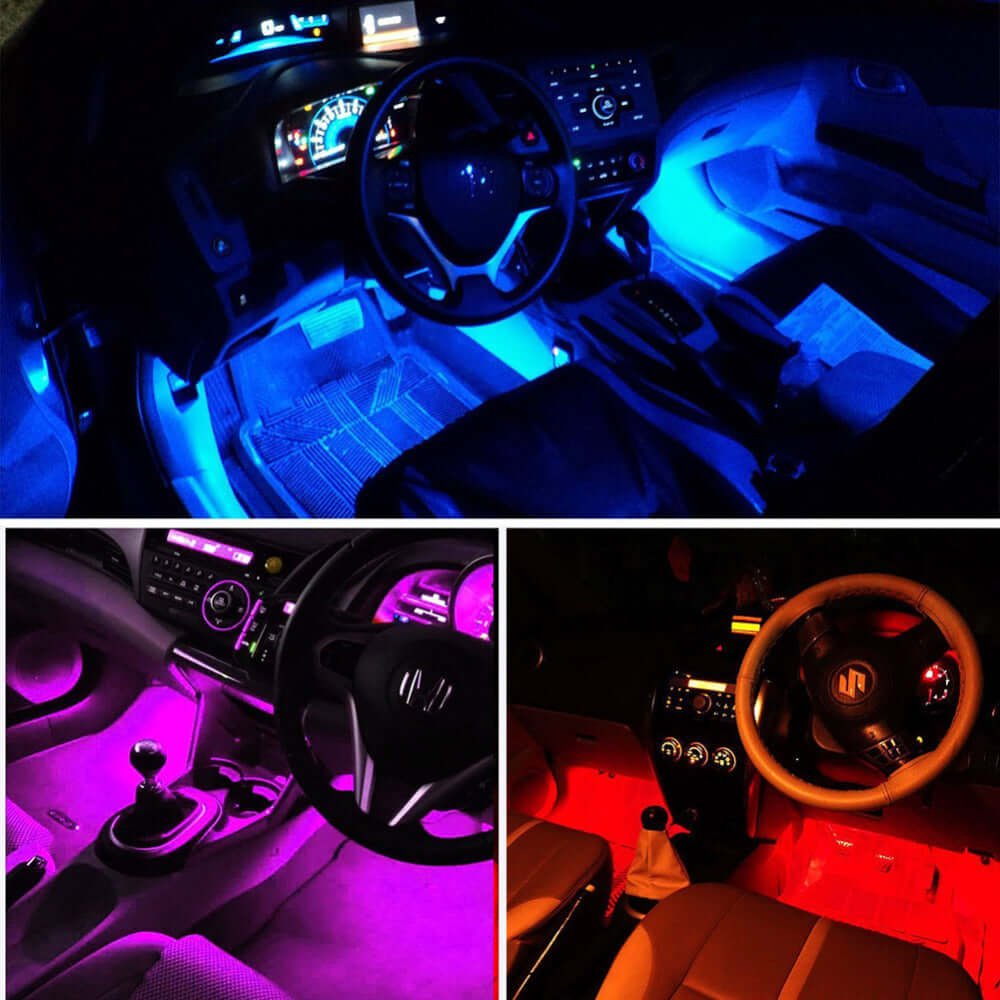 Kit iluminare ambientala auto banda LED RGB, interior masina, 4 benzi, 72 leduri, senzor muzica, multicolor, 12V, cu telecomanda