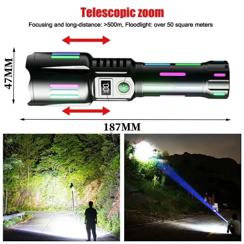 Lanterna tactica profesionala 6500lm, 26650mah baterie, afiseaza nivelul bateriei, incarcare tip-C, Zoom - SoareOnline