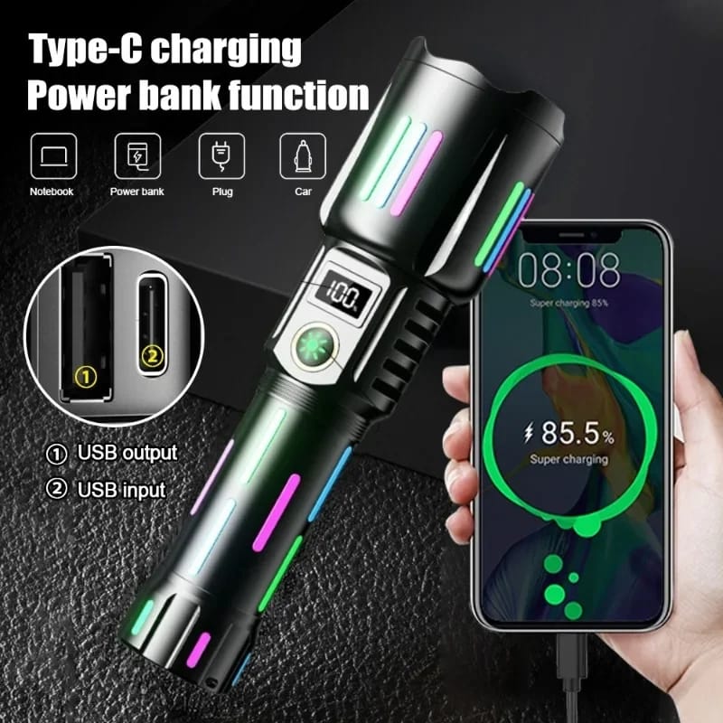 Lanterna tactica profesionala 6500lm, 26650mah baterie, afiseaza nivelul bateriei, incarcare tip-C, Zoom - SoareOnline