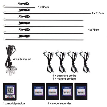 Lumini ambientale auto dinamice , 18 piese Premium Fete usi, Bord, Manere, Podea, Control din aplicatie Bluetooth, Banda neon tip El Wire