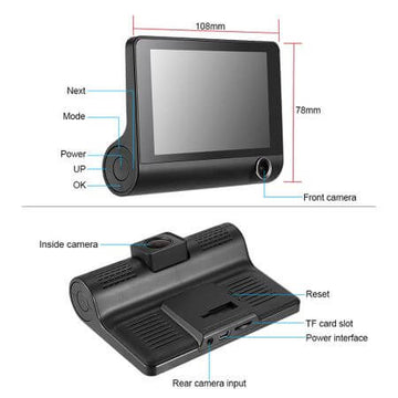 Camera auto dvr 3 Camere incluse Fata/Spate si Interior Filmare permanenta pe 2 din ele, Ecran 4 inch