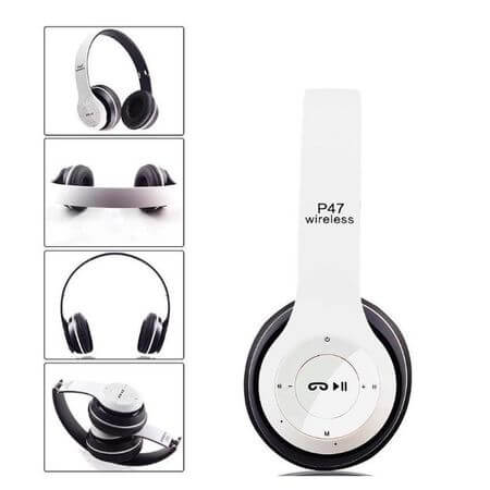 Casti bluetooth P47 cu microfon Radio, Aux, SD Card ALB